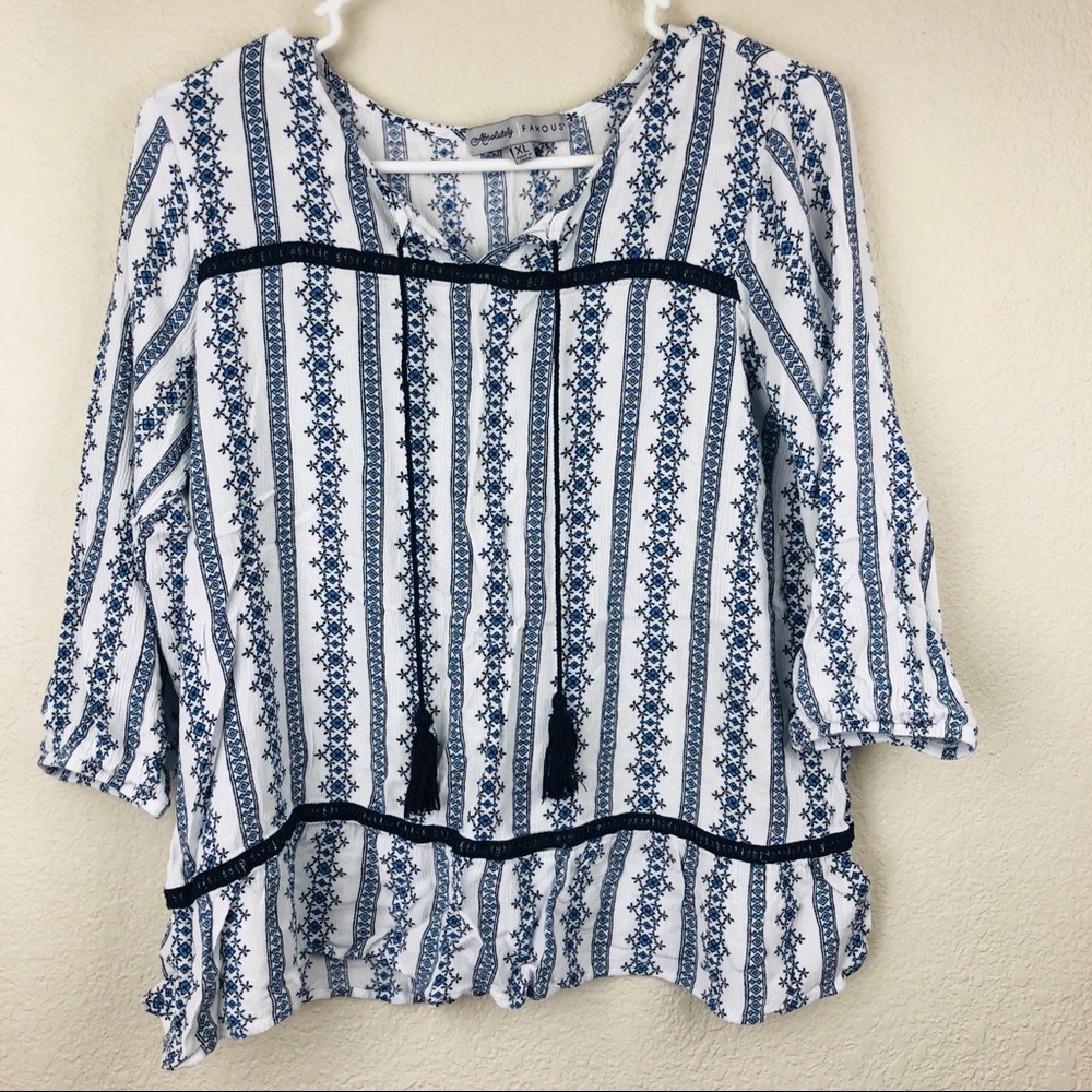 Absolutely Famous Blue & White Boho Top